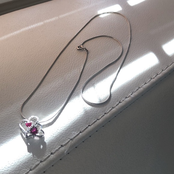 Ruby & Diamond Double-Hearts Necklace, Sterling Silver w/ 24-inch Sterling Chain - Picture 11 of 12